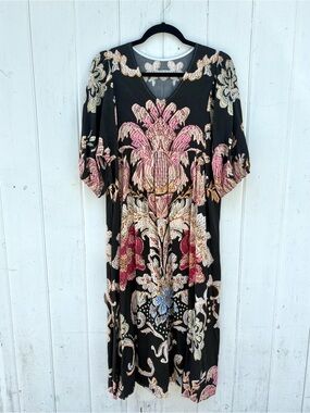 Black Floral Embroidery Print Midi Dress - Pink & Multicolor